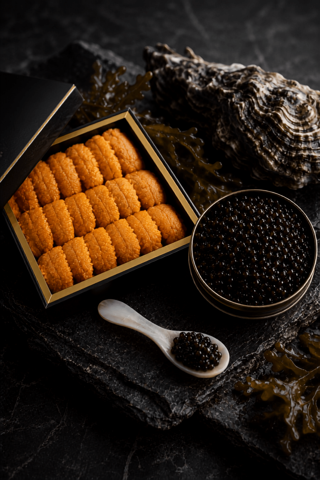 黑金魚子醬與金橙色海膽構成的高端食材靜物
